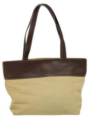 CHANEL Tote Bag Canvas Leather Beige CC Auth BA555